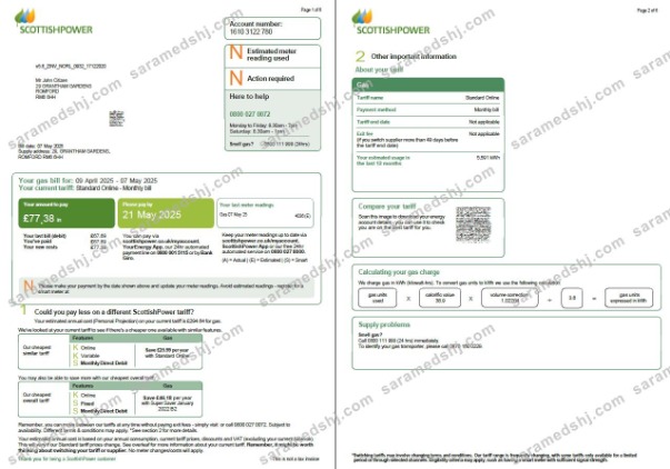 Scotland Scottish Power utility bill template in Word and PDF formats, 6 pages, 1-2 pages